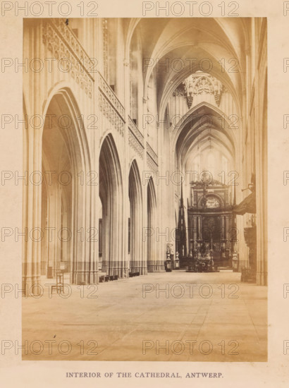 Interior of the cathedral, Antwerp, photograph, page, Onze-Lieve-Vrouwekathedraal (Antwerp), c. 1856 - in or before 1866, photographer, paper, albumen print, albumendruk, height 163 mm x width 116 mm, interior of church, parts of church interior: aisle, A sepia-toned interior view showing a long vaulted nave with tall pointed arches along one side, ornate tracery on the upper arcade, clustered columns rising to ribbed vaults, a distant ornate altar structure with decorative elements and statues, scattered benches along the side aisle, a single wooden chair in the foreground, a smooth stone floor with visible joints, and soft light illuminating the architectural details.