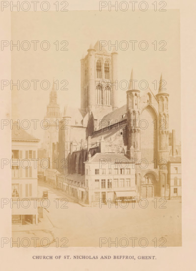 Church of St. Nicolas and beffroi, Ghent, photograph, page, c. 1856 - in or before 1866, photographer, paper, albumen print, height 161 mm x width 116 mm, church (exterior), tower, clock tower, monumental adornment, façade (of house or building), Sint-Niklaaskerk (Ghent), Belfort (Ghent)