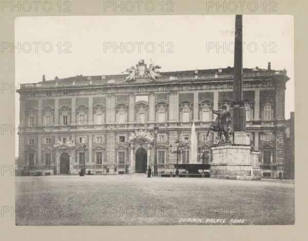 Quirinal palace, Rome, page, photomechanical print, photographer: Samuel J. Beckett, Quirinal, c. 1890 - c. 1900, Quirinaal, paper, collotype, photoprint, height 152 mm x width 202 mm, façade (or house or building), hôtel, ie small palace in city, Palazzo del Quirinale, A wide facade of a multi-story stone building with rows of tall windows and decorative arches and columns stretches across the scene, topped by a balustraded roofline with sculptural figures and cresting at the center; in front of the building a paved open square extends across the foreground, with a raised fountain basin jetting a vertical spray and a large stone pedestal supporting an equestrian statue of a mounted figure; lampposts and smaller statues flank the fountain area, and a few small human figures stand or walk near the building entrances.