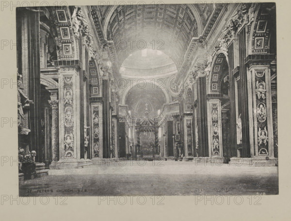 St. Peter's church, page, photomechanical print, photographer: Samuel J. Beckett, St. Peter's Basilica, printmaker: Samuel J. Beckett (possibly), c. 1890 - c. 1900, photographer, Vatican City, paper, collotype, photoprint, height 149 mm x width 202 mm, interior of church, parts of church interior: aisle, A wide interior view of a large ornate church nave with a high vaulted ceiling and a central dome visible toward the rear, flanked by tall decorative columns and pilasters that are richly carved and adorned with sculpted reliefs and framed panels; ornate arches with patterned coffered ceilings line each side and there are multiple statues and sculptural figures positioned on ledges and within niches along the walls; an elaborate altar structure with drapery and a canopy stands beneath the dome, and the floor in the foreground is expansively open and smooth.