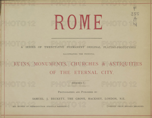Rome, book, photographer: Samuel J. Beckett, London, c. 1900, textile materials, pasteboard, paper, linen (material), printing, collotype, color on cut, height 219 mm x width 279 mm x thickness 21 mm, The image shows the top portion of an aged book or printed page with a pale beige background and thin red border lines near the edges; a large bold word appears centered near the top in red type, with a thin horizontal rule beneath it and several lines of smaller printed text below in dark ink; there are decorative red capitalized words across the middle of the page and additional smaller text and a pair of thin horizontal rules further down; pencil markings appear in the upper right margin and there are small spots and signs of age on the paper.