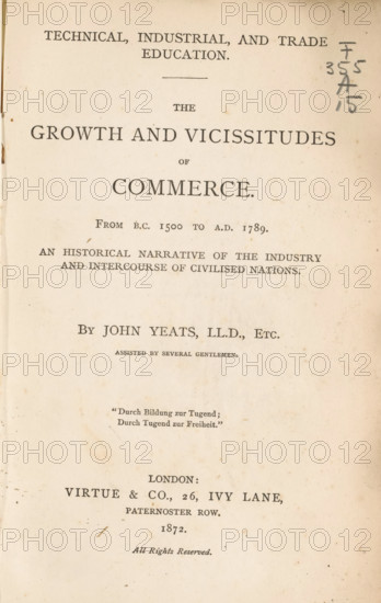 The growth and vicissitudes of commerce, book, writer (clerical worker): John Yeats, publisher: Virtue & Co., London, 1872, writer (clerical worker), textile materials, pasteboard, paper, linen (material), printing, albumen print, height 191 mm x width 129 mm x thickness 34 mm, A worn book title page with age spots and a vertical crease near the left edge, showing centered typographic layout and several horizontal grouping lines; darker handwriting marks appear in the upper right margin; the paper is off-white with uneven discoloration and small brown speckles throughout; margins are visible around the printed area and the lower portion of the page shows more faded staining and faint spots.