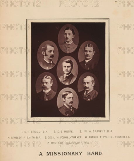 Portraits of the Cambridge Seven, page, photomechanical print, inscription: '1., Beauchamp BA', printmaker: London Stereoscopic Company, London, c. 1881 - in or before 1886, photographer, paper, Woodburytype, height 123 mm x width 96 mm, Print on frontispiece., Person, William Wharton Cassels, Stanley Peregine Smith, Dixon Edward Hoste, Charles Studd, Cecil Polhill-Turner, Arthur Polhill-Turner, Montagu Proctor-Beauchamp, spreading the gospel, missionary work, historical persons (head (and shoulders) (portrait)), A sepia-toned page shows a rectangular dark panel centered on a light background, containing a vertical arrangement of oval photographic portraits of men with moustaches and period clothing; the panel is bordered by thin decorative lines and the portraits vary in facial hair styles and hairstyles, each oval set against a darker oval background within the panel.