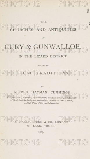 The churches and antiquities of Cury and Gunwalloe, in the Lizard district, including local traditions, book, writer (clerical worker): Alfred Hayman Cummings, publisher: E. Marlborough & Co., London, 1875, writer (clerical worker), textile materials, pasteboard, paper, linen (material), printing, collotype, height 221 mm x width 145 mm x thickness 26 mm, A cream-colored page with evenly spaced dark printed lines arranged in centered horizontal groupings, showing varying font sizes and weights; the top portion is mostly blank, the middle contains multiple centered lines of bold and lighter serif type with wide letter spacing, and the lower portion has smaller serif lines followed by a blank expanse; the paper shows small scattered specks and faint age marks and there is a dark handwritten mark near the right edge.