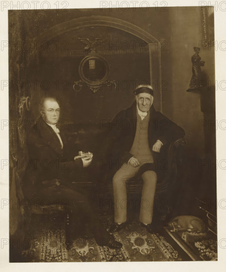 Mr. Dobie and mr. Wilson, photograph, reproduction, page, after painting by anonymous, c. 1886 - in or before 1896, photographer, paper, carbon print, height 155 mm x width 127 mm, Photo on frontispiece., Person, James Dobie (writer), William Wilson, historical persons, interior, representation of a building, A sepia-toned portrait showing two seated men in formal clothing on a patterned carpeted floor, one man on the left holding folded papers and wearing a dark coat and white neckcloth, the other on the right wearing a dark overcoat, light waistcoat, light trousers, and a dark headband, with his hand resting on the arm of an upholstered chair; behind them a wall with decorative molding and a round mirror with an ornate frame and decorative elements above it, and to the right a small statue on a shelf; in the lower right corner a small dog curled up on a cushion beside a metal bucket.