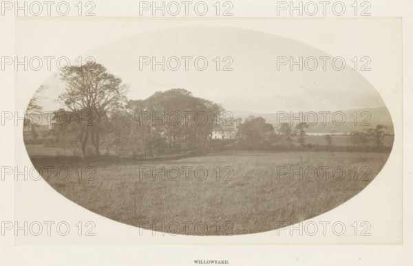 Willowyard, photograph, page, c. 1886 - in or before 1896, photographer, paper, platinum process, height 120 mm x width 204 mm, meadow, pasture, rural housing, eg country-house, villa, cottage, A sepia oval photograph showing a wide grassy field in the foreground leading to a cluster of tall trees and a light-colored building partially visible among the trees toward the middle of the image, with additional trees and a low distant landscape beyond under a pale sky.
