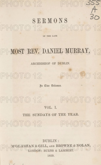Sermons of the late Most. Rev. Daniel Murray Archbishop of Dublin, book, inscription: 'ex libris SFJ', writer (clerical worker): Daniel Murray, publisher: McGlashan & Gill, Dublin, publisher: Browne & Nolan, publisher: Burns & Lambert, London, 1859, writer (clerical worker), Leinster, textile materials, pasteboard, paper, linen (material), printing, albumen print, color on cut, height 221 mm x width 141 mm x thickness 43 mm, A yellowed book page with age spots and stains scattered across its surface, showing a large central heading area and several lines of printed text of varying sizes; the paper has darker rectangular discoloration in the middle, a handwritten dark marking near the top right edge, and faint smudges and foxing throughout, with wider blank margins toward the bottom.