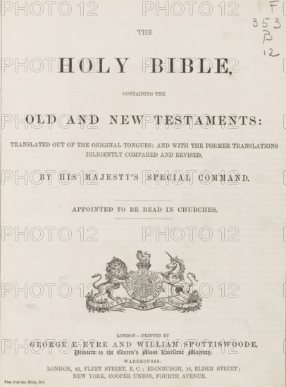 The Holy Bible, containing Old and New Testaments translated out of the original tongues, book, publisher: George Edward Eyre and William Spottiswoode, London, c. 1862, biological material, inorganic material, paper, leather, metal, albumen print, snail marbled paper, printing, color on cut, height 290 mm x width 230 mm x thickness 70 mm, A cream-colored page with large dark serif text near the top and smaller blocks of dark serif text below, centered on the page, a thin horizontal line, and a detailed black ink crest featuring a lion and a unicorn above a circular shield and a ribbon banner, with additional smaller text near the bottom and pencil marks along the right edge.