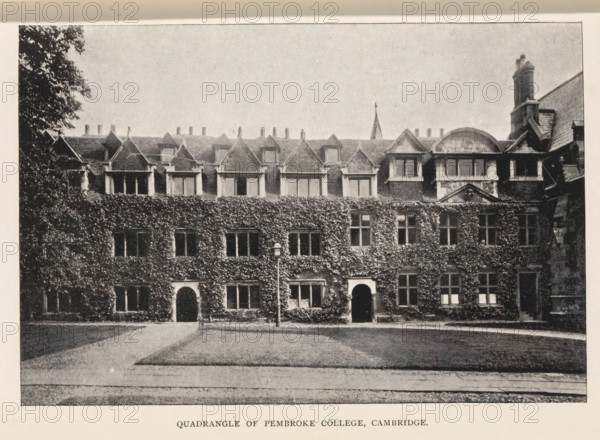 Quadrangle of Pembroke College, Cambridge, page, photomechanical print, c. 1889 - in or before 1899, photographer, printmaker, Cambridgeshire, paper, autotypie, height 110 mm x width 165 mm, facade (of house or building), university building, college, Pembroke College (Cambridge), A sepia-toned photograph of a multi-story stone building covered in dense ivy with regular rectangular windows and arched doorways on the ground level, a central courtyard lawn and gravel path in front, a tall slender lamp post near the center of the image, a row of dormer windows and gabled roofline above the ivy-covered façade, a taller chimney and pitched roof visible at the right, and tree foliage framing the left edge of the scene.