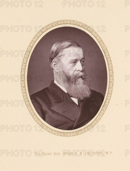 The right hon. Hugh CE Childers, MP, page, photomechanical print, c. 1875 - c. 1880, photographer, printmaker, paper, Woodburytype, height 109 mm x width 86 mm, Person, Hugh Childers, politician, eg party leader, A sepia-toned oval portrait of a seated man with a full beard and mustache, shown in three-quarter profile facing to the viewer's right, with neatly combed hair, a dark suit jacket, and a white shirt collar visible, set against a plain dark background and bordered by an ornate patterned oval frame on a light cream mount.