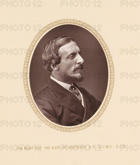 The right hon. The earl of Dufferin, KP, GCMG, KCB, page, photomechanical print, c. 1875 - c. 1880, photographer, printmaker, paper, Woodburytype, height 109 mm x width 87 mm, Person, Frederick Hamilton-Temple-Blackwood (Marquis of Dufferin and Ava), politician, eg party leader, A sepia-toned oval portrait of a man in three-quarter profile set against a plain background, framed by a decorative oval border; the man has neatly combed hair with a side part, a mustache and a trimmed beard, and he is wearing a dark suit jacket, a white shirt collar, and a patterned necktie, with his gaze directed to the side.