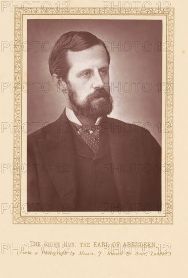 The right hon. the Earl of Aberdeen, page, photomechanical print, photographer: Russell & Sons, London, c. 1875 - c. 1880, printmaker, paper, Woodburytype, height 117 mm x width 83 mm, Person, John Hamilton-Gordon, politician, eg party leader, A sepia-toned portrait of a middle-aged man with a full beard and neatly combed hair, shown from the chest up and turned slightly to his right, wearing a dark formal jacket, waistcoat, high collared shirt and a patterned necktie, all set within an ornate rectangular frame on a pale background.