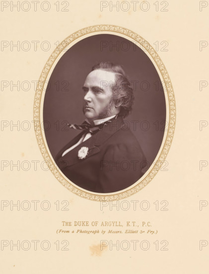 The Duke of Argyll, KT, PC, page, photomechanical print, photographer: Elliott & Fry, London, c. 1875 - c. 1880, printmaker, paper, Woodburytype, height 112 mm x width 86 mm, Person, George Campbell, politician, eg party leader, An oval sepia-toned portrait of a man shown in profile facing left, with a high forehead and sideburns, wearing a dark formal coat with a striped bow tie and a light-colored collar, a decorative flower pinned to his lapel, set against a plain dark background and framed by an ornate narrow border on a light beige mount.