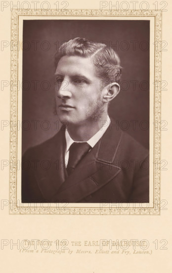 Portrait of John Ramsay, The right hon. the Earl of Dalhousie, page, photomechanical print, photographer: Elliott & Fry, London, c. 1877 - c. 1882, printmaker, paper, Woodburytype, height 118 mm x width 83 mm, Person, Andrew Ramsay, politician, eg party leader, A sepia-toned portrait of a man shown from the chest up within a decorative rectangular frame, facing slightly left with a neutral expression, short neatly combed hair with a side part, clean-shaven cheeks with prominent sideburns, a straight nose and defined jawline, wearing a dark suit jacket with wide lapels, a white shirt collar, and a dark tie, set against a plain darker background.