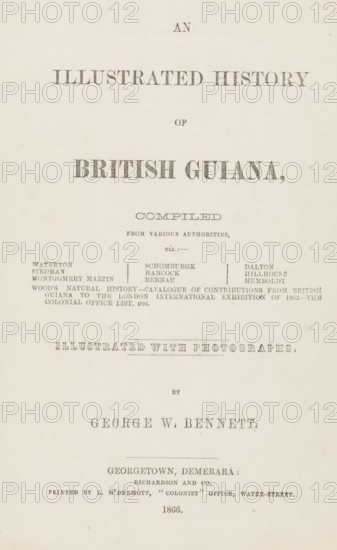 An illustrated history of British Guiana compiled from various authorities, book, inscription: 'To Captain Ramsey Cooke from his sincere friend CB Demerara 4, 4, 68', writer (clerical worker): various manufacturers, printer (person): L. M'Dermott, Georgetown (Guyana), publisher: Richardson and Co., 1866, various manufacturers, L. M'Dermott, Richardson and Co., writer (clerical worker), printer (person), publisher, Guyana, textile materials, paper, linen (material), albumen print, color on cut, height 272 mm x width 190 mm x thickness 40 mm, A vertically oriented aged paper page with centered, evenly spaced lines of printed serif text in various large and small sizes, some lines in bold heavier type and others in lighter or condensed type, with a wide blank margin at the top and narrow margins at the sides, faint spotting and foxing across the surface, and a thin ruled line separating a middle section from lower lines, all on a creamy off-white background.