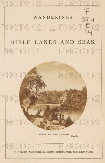 Fords of the Jordan, photograph, page, Palestine, c. 1858 - in or before 1868, photographer, paper, albumen print, height 71 mm x width 71 mm, Photo on title page., river, Jordaan (river), A rectangular page with a thin border contains an oval sepia illustration of a riverside scene showing trees and shrubs along the water, reflections on the water surface, distant foliage and a cloudy sky; there are additional printed elements above and below the oval and a vertical column of handwritten marks near the top right edge.