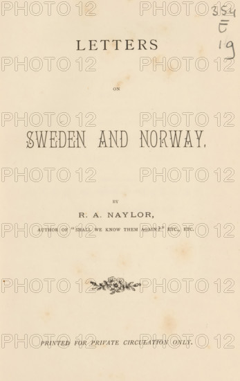Letters on Sweden and Norway, book, writer (clerical worker): Robert Anderson Naylor, 1887, writer (clerical worker), textile materials, pasteboard, paper, linen (material), printing, engraving, albumen print, color on cut, height 241 mm x width 162 mm x thickness 21 mm, The image shows an aged cream-colored page with a centered horizontal decorative floral ornament near the lower middle and small scattered foxing spots across the surface, with a handwritten pencil notation in the upper right corner.
