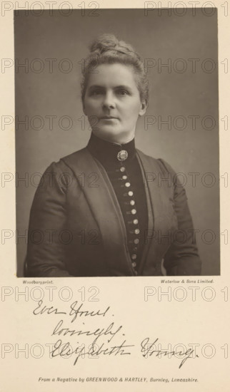Portrait of Elizabeth Young, page, photomechanical print, inscription: 'Ever Yours. lovingly. Elizabeth Young', photographer: Greenwood & Hartley, maker: Waterman, c. 1882 - in or before 1892, paper, Woodburytype, height 117 mm x width 88 mm, Person, Elizabeth Young, adult woman, spreading the gospel, missionary work, A sepia portrait of a woman shown from the chest up against a plain backdrop, wearing a dark high-collared dress with a row of decorative buttons down the front and a brooch at the throat, her hair pulled back into a tidy updo, a calm neutral expression on her face, and a light border surrounding the image with a lighter area below that contains handwritten script.