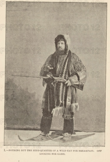 Portrait of probably Egerton Ryerson Young as a hunter, with a rifle, a hooded jacket and snowshoes, I.-Nothing but the hind quarter of a wild cat for breakfast. Off looking for game, page, photomechanical print, Canada, maker: Waterlow & Sons Limited, c. 1882 - in or before 1892, photographer, North America, paper, autotypie, height 143 mm x width 100 mm, Person, Egerton Ryerson Young, firearms, hunter, snow-shoes, A sepia-toned photograph of a bearded man standing full-length against a plain backdrop, wearing a fur hat and a heavy fringed garment over his shoulders, a long patterned scarf draped down the front, and fringed clothing at his wrists and lower legs; he holds a long wooden pole horizontally across his body with both hands and wears boots with fur or decorative coverings, standing on a surface that shows a pair of long wooden skis beneath his feet.