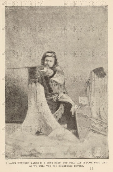 II.-Six hundred yards is a long shot, but wild cat is poor food and so we will try for something better, Portrait of probably Egerton Ryerson Young as a hunter with a rifle, page, photomechanical print, number: '13', Canada, maker: Waterlow & Sons Limited, c. 1882 - in or before 1892, photographer, North America, paper, autotype, autotype based on an edited photo, height 144 mm x width 97 mm, Person, Egerton Ryerson Young, firearms, hunter, A grainy monochrome image shows a seated man wearing a fringed garment and a headband, holding a long firearm and aiming forward while leaning on a covered support; draped fabric covers the foreground and a chair with fabric is visible to his side, with a plain textured backdrop behind him.