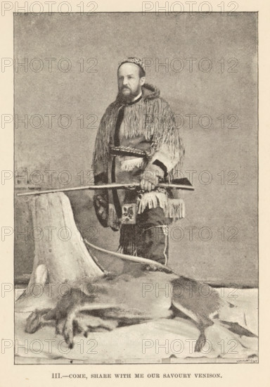 Portrait presumably of Egerton Ryerson Young as a hunter, with a rifle and his foot on prey, III.- Come, share with me our savory venison, page, photomechanical print, Canada, maker: Waterlow & Sons Limited, c. 1882 - in or before 1892, photographer, North America, paper, autotype, autotype based on an edited photograph, height 143 mm x width 100 mm, Person, Egerton Ryerson Young, firearms, hunter, game, hunted animals, A sepia-toned portrait of a bearded man standing, wearing a fringed garment with a hood and a patterned cap, holding a long rifle horizontally across his body, with a large antlered skull and animal hide laid out in front of him.