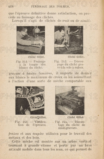 Découpages de bois plans destiné au montage des clichés, Man sawing wood for presumably a printing form for a photomechanical print, page, photomechanical print, number: 'Fig. 245.', c. 1922 - in or before 1932, paper, autotype, height 25 mm x width 25 mm, print, eg: engraving, etching, lithograph, photographic apparatus, A vertically oriented aged book page with a heading near the top and several blocks of printed text and four small black-and-white photographs arranged in two rows; the top row has two square photos showing people working at machines, each with a short caption beneath, and the bottom row has two square photos showing printed images and a close-up of a tool or material, each with a short caption beneath; the paper shows a yellowed, textured background with slight spots and a narrow border of blank space around the edges.