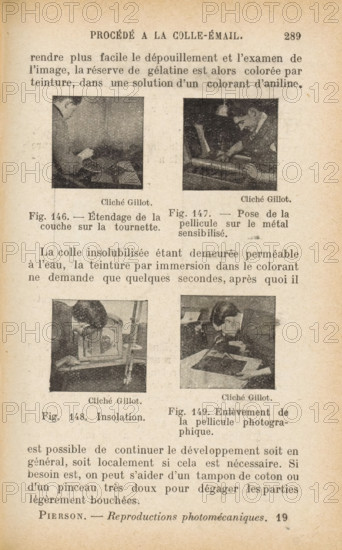 Man making a photomechanical print in four steps, Étendage de la couche sur la tournette. Pose of the metal sensitization. Insolation. Enlèvement de la pellicle photographique, page, photomechanical print, number: 'Fig. 146. Fig. 147. Fig. 148. Fig. 149.', maker: anonymous, c. 1922 - in or before 1932, paper, autotypie, height 153 mm x width 100 mm, Prints on page 289., photographic apparatus, A vertically oriented aged paper page with a heading at the top and several blocks of printed text interrupted by four small square black-and-white photographs arranged in a two-by-two grid; each photograph shows a person leaning over a work surface engaged in a close, hands-on task, with dark clothing and short hair visible, and each photo has a small caption beneath it; the page background is cream-colored with visible aging spots and a slightly darker border, and there are multiple lines of printed paragraphs above and below the photographs.