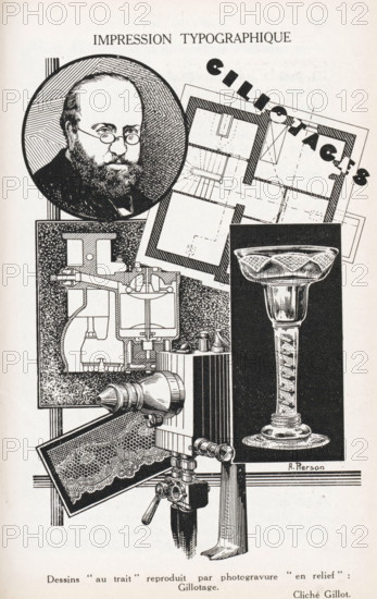 Impression Typographique, Photoreproduction of a drawing of a glass, lace, photographic apparatus and a portrait of a man, reproduction, page, photomechanical print, inscription: 'Dessins 'au trait' reproduit par photogravure 'en relief' Gillotage', after drawing by Alexandre Jean Pierson, c. 1922 - in or before 1932, paper, line block, height 120 mm x width 80 mm, container of glass: bottle, jar, vase, drawing, sketch, A black and white illustration collage showing a circular portrait of a bearded man wearing round glasses, a rectangular technical drawing of a floor plan with thick borders tilted at an angle, a tall ornate goblet depicted on a dark rectangular panel, a detailed mechanical sectional diagram inside a textured square, and a complex camera-like apparatus with a cylindrical lens, tripod mount, and adjustment knobs, all arranged overlapping on a light background.