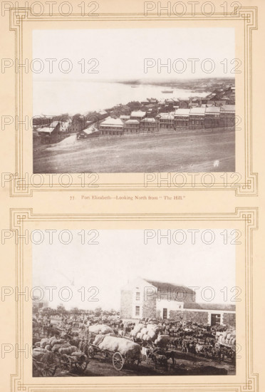 Mossel Bay, Port Elizabeth-looking North from 'the hill', page, photomechanical print, inscription: 'SA', number: '77. 78.', photographer: Sam Alexander (possibly), South Africa, cliché maker: anonymous, c. 1870 - in or before 1880, paper, collotype, photoprint, height 290 mm x width 219 mm, city-view in general, 'veduta', gulf, bay, (farm) wagon, freight wagon, cart, Western Cape, Eastern Cape, Port Elizabeth, Algoa Bay, A sepia-toned page with decorative borders contains two rectangular photographs vertically aligned; the top photograph shows a coastal town seen from an elevated grassy slope, with rows of closely packed houses and buildings sloping toward a calm body of water where small boats are visible, and a fenced path runs along the hill in the foreground; the lower photograph depicts a busy dock or market scene with covered wagons and carts pulled by animals, stacks of bales and sacks, crowds of people and numerous animals clustered around a large stone building, all rendered ...