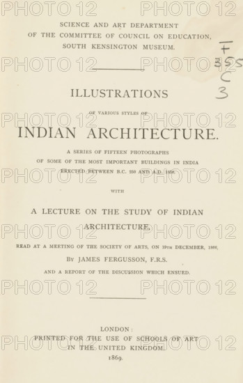 Illustrations of various styles of Indian architecture, book, writer (clerical worker): James Fergusson, 1869, writer (clerical worker), pasteboard, biological material, paper, leather, printing, Woodburytype, albumen print, albumendruk, height 215 mm x width 143 mm x thickness 13 mm, The image shows a vertically oriented aged page with printed formal title layout centered on a pale cream background, featuring multiple lines of dark serif text arranged in a hierarchy from larger to smaller sizes, a thin horizontal rule near the top and another rule lower down, and a few handwritten pencil marks along the right margin; the paper displays light irregular stains and slight discoloration toward the upper right and faint speckles elsewhere.