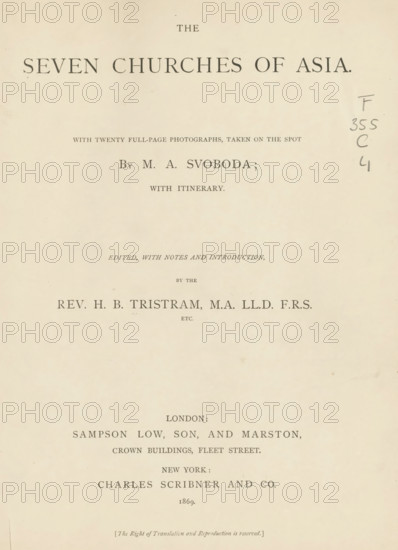 The seven churches of Asia, book, writer (clerical worker): Henry Baker Tristram, publisher: Sampson Low, Marston & Company, London, publisher: Charles Scribner and Co., New York (city), 1869, writer (clerical worker), North America, textile materials, pasteboard, paper, linen (material), printing, albumen print, color on cut, height 220 mm x width 142 mm x thickness 13 mm, A faded cream-colored page with centered dark printed lines and headings in a serif type, arranged vertically down the sheet, showing decorative spacing and small punctuation marks, with a narrow handwritten vertical column of dark pencil marks on the right side, faint smudges and small spots scattered across the surface, and slight unevenness in paper tone toward the edges.