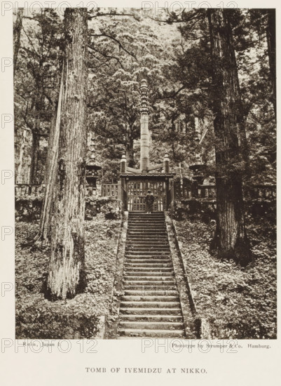 Tomb of Iyemidzu at Nikko, page, photomechanical print, Nikko, printmaker: Strumper & Co, Hamburg (city), publisher: Hodder & Stoughton, London, c. 1874 - in or before 1884, photographer, Kanto, paper, collotype, photoprint, height 149 mm x width 119 mm, staircase, temple, shrine, Shinto, Taiyuinbyo, A stone stairway rises through a wooded slope flanked by tall tree trunks and dense foliage, leading to a gated enclosure with a central carved pillar and ornamental lanterns, with a solitary figure standing at the gate and layered tree branches and leaves filling the background.