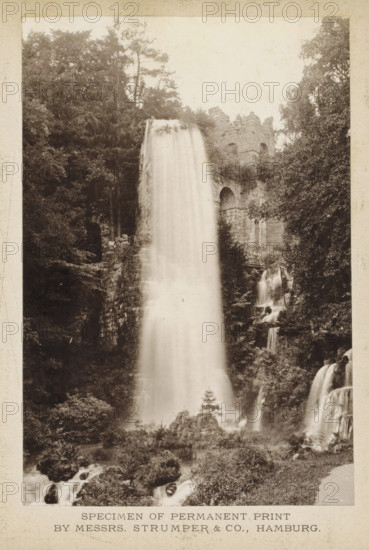 Waterfall, page, photomechanical print, inscription: 'Specimen of permanent print by Messrs. Strumper & Co., Hamburg', photographer: Strumper & Co (possibly), Hamburg (city), c. 1868 - in or before 1878, paper, collotype, photoprint, height 158 mm x width 107 mm, A tall, cascading waterfall flows down a rocky cliff surrounded by dense trees and foliage, with water streaming smoothly from the top and breaking into smaller falls along the right side; stone ruins with arched openings and blockwork sit near the upper falls, partially covered by vegetation, and rocky outcrops and plants appear at the base where mist rises from the falling water.