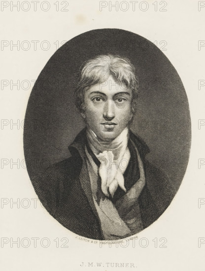 JMW Turner, reproduction, page, photomechanical print, cliché maker: Leitch & Co., J., London, after print by William Holl (II), after painting by Joseph Mallord William Turner, c. 1868 - in or before 1878, William Holl (II), photographer, after print by, paper, photoaquatint, height 120 mm x width 95 mm, Person, portrait, self-portrait of artist, A monochrome engraved portrait of a young man shown from the chest up inside an oval vignette, featuring short wavy hair, direct forward gaze, and a neutral expression, wearing a high-collared coat over a waistcoat and a tied neckcloth, with fine line shading and stippling throughout the face, clothing, and background.