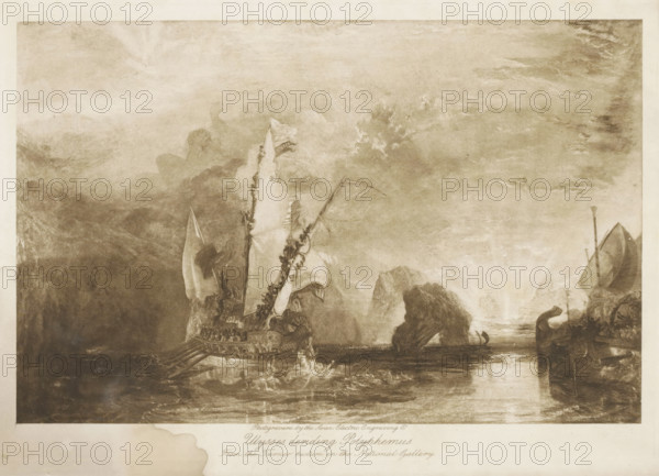 Ulysses deriding Polyphemus, reproduction, page, photomechanical print, cliché maker: Swan Electric Engraving Co., after painting by Joseph Mallord William Turner, Clewer, c. 1889 - in or before 1899, photographer, Berkshire, paper, photoaquatint, height 112 mm x width 174 mm, Polyphemus hurls a rock at Ulysses' departing ships, A wide, sepia-toned scene showing a large ornate sailing vessel with tall, decorated sails and a rowed hull positioned on calm water, flanked by rocky formations rising from the sea; smaller boats and oars appear near the vessel and along the shoreline, and a distant rock arch or stack is visible toward the center background. The sky is filled with swirling, clouded textures, and light seems to break near the horizon, casting reflections on the water surface. The composition includes carved decorative elements on the ship, figures aboard the vessel, and a darker shoreline mass on the left with a lighter, more open seascape to the right. The image is bordered by...