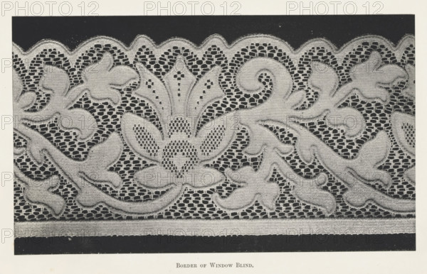 Border of window blind, page, photomechanical print, photographer: Brothers, Alfred (possibly), printmaker: A. Brothers & Co., c. 1889 - in or before 1899, paper, photo zincography, height 112 mm x width 174 mm, curtains, lace, A horizontal rectangular section of patterned fabric framed by a narrow border, showing an intricate lace-like design with a dark background and lighter raised motifs; scalloped upper edge and a straight lower edge with a solid dark band below; repeating organic shapes resembling stylized leaves and floral elements with textured fill and small openwork areas forming a net-like background; curling tendrils and rounded petal forms arranged symmetrically across the width, with varying densities of dot-like shading that give a tactile, embroidered appearance.