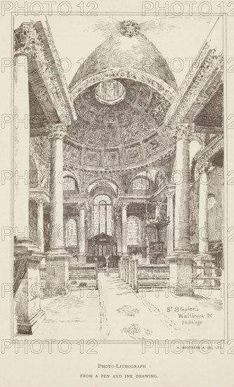 Photo reproduction of a drawing depicting an interior of Saint Stephen Walbrook, reproduction, page, photomechanical print, inscription: 'photo-lithograph from a pen and ink drawing', printmaker: A. Brothers & Co., after drawing by J. Hutchings, Saint Stephen Walbrook, c. 1889 - in or before 1899, photographer, London, paper, photolithography, height 173 mm x width 110 mm, interior of church, parts of church interior: aisle, The image shows an interior view of a grand domed building rendered in a detailed pen-and-ink style. Tall columns with ornate capitals rise to support arches and an elaborately decorated dome with a central oculus. The dome interior features patterned coffers and ornamental detailing. A central aisle leads toward a raised area with a curved apse framed by arched windows. Rows of pews or benches flank the aisle. Balustrades, stairs, and additional columns fill the foreground. Intricate architectural moldings and carved decorations appear on archways and cornices thr...