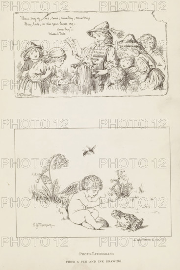 Two photoreproductions of drawings, depicting a street vendor and a putto with a frog, reproduction, page, photomechanical print, printmaker: A. Brothers & Co., after drawing by EG Thomson, c. 1889 - in or before 1899, photographer, paper, photolithography, height 225 mm x width 155 mm, Prints opposite page 158., merchant, salesman, cupids: 'amores', 'amoretti', 'putti', tailless amphibians: frog, A rectangular image area contains two separate pen-and-ink vignettes stacked vertically on a pale background. The top vignette shows a group of children gathered around a central child who is holding an open box with long ribbons or cloths hanging from it and displaying its contents while another child leans forward to examine or take something; several children wear hats and shawls and look toward the box, and the scene is framed by a rough drawn border with slightly torn edges. The lower vignette depicts a seated cherubic child with small wings on the back, reaching toward a large frog that...