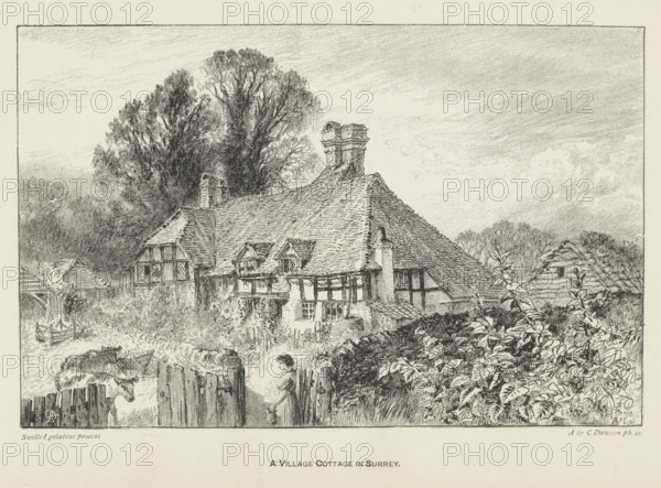 A village cottage in Surrey, reproduction, page, photomechanical print, inscription: 'AD', photographer: A. Dawson, after drawing by anonymous, c. 1889 - in or before 1899, paper, offset-printed, swelled gelatin process, height 105 mm x width 163 mm, Print for page 161., cottage, façade (of house or building), A detailed black and white illustration of a rural scene showing a large thatched cottage with multiple pitched roofs, small dormer windows, timber-framed walls, and prominent chimneys, set among dense foliage and tall trees; a wooden fence and gate sit in the foreground with a figure of a person near the gate, and plants and bushes fill the right foreground, while distant trees and a textured sky form the background.