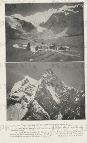 Views showing use of Dallmeyer's tele-photo lens, page, photomechanical print, inscription: 'The Upper Picture, is shown at * *', photographer: Spitta, E. & J., Wallis (canton), c. 1889 - in or before 1899, Spitta, photographer, printmaker, paper, autotype, height 225 mm x width 150 mm, Prints opposite page 192., dale, valley, mountain-top, peak, Alps, Dom (Alps), A vertical image divided into two rectangular photographs separated by a thin horizontal divider, the top photograph showing a wide alpine valley with a cluster of small wooden buildings on grassy terrain in the foreground and large snow-covered mountain slopes rising behind them under a dark sky, and the bottom photograph showing a close-up view of a jagged, steep mountain peak with snow clinging to its rocky faces against a clear sky, all framed by a narrow white border and surrounded by a pale margin.