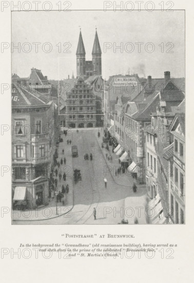 Poststrasse' at Brunswick, page, photomechanical print, inscription: 'In the background, 'St. Martin's Church.'', Braunschweig, c. 1889 - in or before 1899, photographer, printmaker, Lower Saxony, paper, autotypie, height 119 mm x width 96 mm, city-view in general, 'veduta', street, A wide street scene viewed from above showing a straight avenue lined with multi-story buildings on both sides and a large stepped gabled building and a twin-spired church tower rising behind it at the far end; people walk along the sidewalks and in the roadway, with several horse-drawn carriages and a few solitary figures visible; awnings extend over some ground-floor shopfronts on the right side, and buildings display varied rooflines, chimneys, and ornate facades; a lamppost stands near the foreground at the street corner and the scene is presented in a monochrome, grainy photographic style.