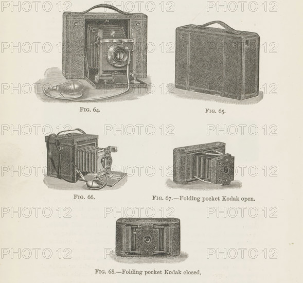 Two seated men in front of a building, page, photomechanical print, number: 'Fig. 69.', c. 1889 - in or before 1899, photographer, printmaker, paper, autotypie, height 54 mm x width 81 mm, sitting on the ground, facade (of house or building), A page showing detailed black and white engraved illustrations of several boxy folding cameras arranged in two vertical columns, each camera rendered with textured surfaces, bellows, lenses, straps, and shutter mechanisms, some shown open with extending bellows and attached bulbous hand pumps with cords, and others shown closed forming rectangular cases with carrying handles, all set against a pale background with subtle horizontal shading beneath each device.