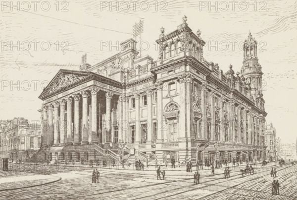 A check, reproduction, page, photomechanical print, inscription: 'Photo-lithograph from a pen and ink drawing', printmaker: A. Brothers & Co., after drawing by anonymous, c. 1889 - in or before 1899, photographer, paper, photolithography, height 100 mm x width 151 mm, facade (of house or building), stock exchange, stock-market, Manchester, Royal Exchange, A detailed line drawing of a large neoclassical building with a columned portico on one corner and an ornate multi-story facade extending along two streets, featuring decorative sculptures, balustrades, arched windows, a tower rising above one end, and staircases leading up to entrances; small drawn figures of people and a few horse-drawn vehicles are on the streets and sidewalks in front, with a lightly sketched sky and surrounding smaller buildings visible in the background.