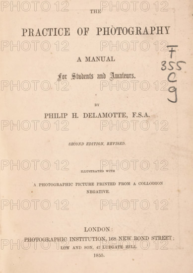 The practice of photography, book, name: 'Robt Archer Jary 1st 1886', writer (clerical worker): Philip Henry Delamotte, publisher: Photographic Institution, London, publisher: Low and Son, 1855, writer (clerical worker), textile materials, paper, linen (material), printing, albumen print, height 183 mm x width 120 mm x thickness 15 mm, A faded, aged title page on cream-colored paper with printed lines of serif text arranged in centered blocks, showing ornamental and plain typefaces, decorative small ink spots and smudges scattered across the surface, a vertical column of dark handwritten marks along the right margin, and uneven discoloration and faint creases near the edges.