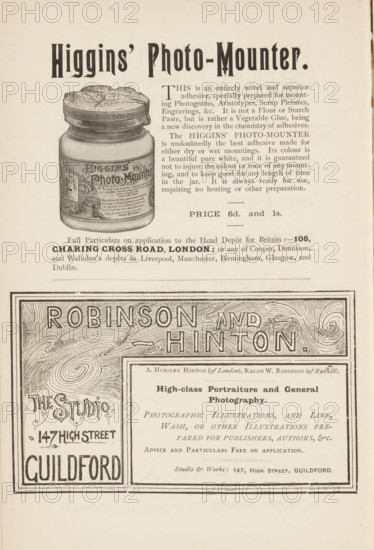 Higgins' Photo-Mounter, Pot of Higgin's adhesive for mounting photos, page, photomechanical print, advertisement, Page is an advertisement from the firms Higgin and Robinson and Hinton, inscription: 'This is an entirely novel and superior adhesive, ', c. 1884 - in or before 1894, photographer, printmaker, paper, autotype, height 53 mm x width 35 mm, Print in back advertisement section., gluing (industrial process), A vertically oriented printed page with two distinct advertisement sections separated by a thin border; the top section features an illustration of a jar with a lid positioned left of a block of small printed paragraphs, and a large bold headline spanning the page above them; the jar illustration shows a cylindrical body with a detailed label and a rounded screw-top lid with textured shading; below the jar and text is a line of smaller text and a narrow rule. The lower section is framed with an ornate rectangular border and decorative woodgrain-like patterning around a bold ...