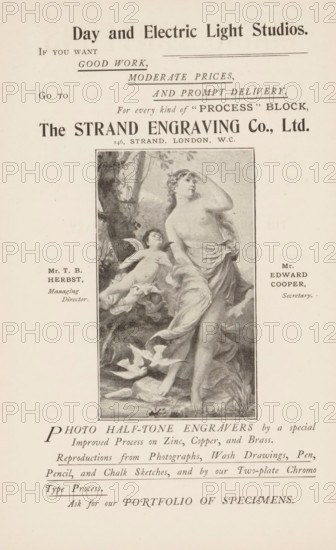 Photo reproduction of a print of a woman with a putto and doves, reproduction, page, photomechanical print, advertisement, Page is an advertisement from the firm The Strand Engraving Co. in London., inscription: 'Day and Electric Light Studios, ', printmaker: Strand Engraving Co., after print by anonymous, c. 1884 - in or before 1894, photographer, after print by, paper, autotype, height 94 mm x width 55 mm, Print in advertising section at the back., cupids: 'amores', 'amoretti', 'putti', doves, pigeons, A vertically oriented print showing a rectangular framed illustration centered on a pale background, the illustration depicts a classical-style scene with a partially draped standing female figure looking upward and raising one arm to her head, a winged cherub-like child beside her reaching toward her, foliage and a tree trunk behind them, and birds on the ground near flowing drapery; there are two small blocks of text-like elements placed to the left and right of the framed illustrati...