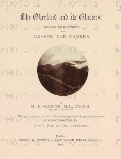 The Oberland and its glaciers : explored and illustrated with ice-ax and camera, book, inscription: 'June 1985', photographer: Ernest Edwards, writer (clerical worker): HB George, publisher: Alfred William Bennett, London, 1866, writer (clerical worker), textile materials, pasteboard, linen (material), paper, albumen print, printing, color on cut, height 275 mm x width 220 mm x thickness 30 mm, A single page with a pale cream background and scattered small brown flecks, featuring a circular sepia photograph of a mountain landscape with jagged dark ridges and a lighter snowy area near the top, positioned above a series of printed lines and decorative typography centered on the page.