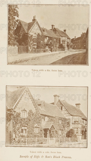 Two views of The Miller of Mansfield hotel in Goring-on-Thames, page, photomechanical print, inscription: 'Taken with a 6in. focus lens. Taken with a 12in. focus lens. Sample of Iliffe & Son's Block Process.', photographer: Henry Philip Hawkes, Goring-on-Thames, printmaker: Iliffe & Son, printer (person): Iliffe & Son, c. 1881 - in or before 1891, Henry Philip Hawkes, Iliffe & Son, photographer, Oxfordshire, paper, autotypie, height 183 mm x width 120 mm, Prints opposite page 8., hotel, hostelry, inn, A vertically oriented image showing two sepia-toned photographs of a street scene with a row of older houses framed by rectangular borders, one photograph positioned above the other with blank space between them; each photograph depicts houses with steeply pitched roofs, chimneys, gabled facades, and multi-paned windows, with climbing vegetation on some walls and low decorative fencing along the sidewalk; a road curves past the houses and a few figures stand near the fences in the upper p...