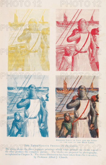 Four photo reproductions of a print depicted in different colours, depicting Richard I the Lionheart on a boat from the book The Crusaders by Alfred John Church, The three-colour process of printing, reproduction, page, photomechanical print, inscription: 'The above shows the three separate printings which when printed one on top of the other produce the complete picture. The blocks are prepared by photography, as explained in Chapter X. The above illustration has been taken from The Crusaders by Professor Alfred J. Church.', after print by anonymous, c. 1898 - in or before 1908, photographer, printmaker, after print by, paper, autotypie, height 192 mm x width 125 mm, Person, Richard I the Lionheart (king of England), sailing-ship, sailing-boat, commander-in-chief, admiral, A vertically oriented page shows four rectangular illustrations arranged in a two-by-two grid, each depicting similar scenes of three armored figures on a ship deck looking toward the sea with sailing vessels on the...