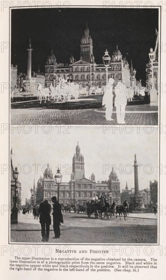 Negative and positive, Negative and positive image of a street scene with an obelisk on a square and a horse cart, page, photomechanical print, inscription: 'The upper illustration is a reproduction of the negative obtained by the camera. The lower illustration is a photographic print from the same nagative. Black and white in the negative appear white and black respectively in the positive. It will be observed that the right-hand of the negative is the left-hand of the positive. (See chap. iii.)', c. 1898 - in or before 1908, photographer, printmaker, paper, autotypie, height 192 mm x width 120 mm, Prints opposite page 50., obelisk, needle, four-wheeled, animal-drawn vehicle, eg: cab, carriage, coach (conveyance for transport of persons), A vertically divided page shows two photographic views of the same city square with a large ornate building with a central tower and domed corner pavilions. In the upper half the image appears as a high-contrast negative with dark sky, pale figures a...